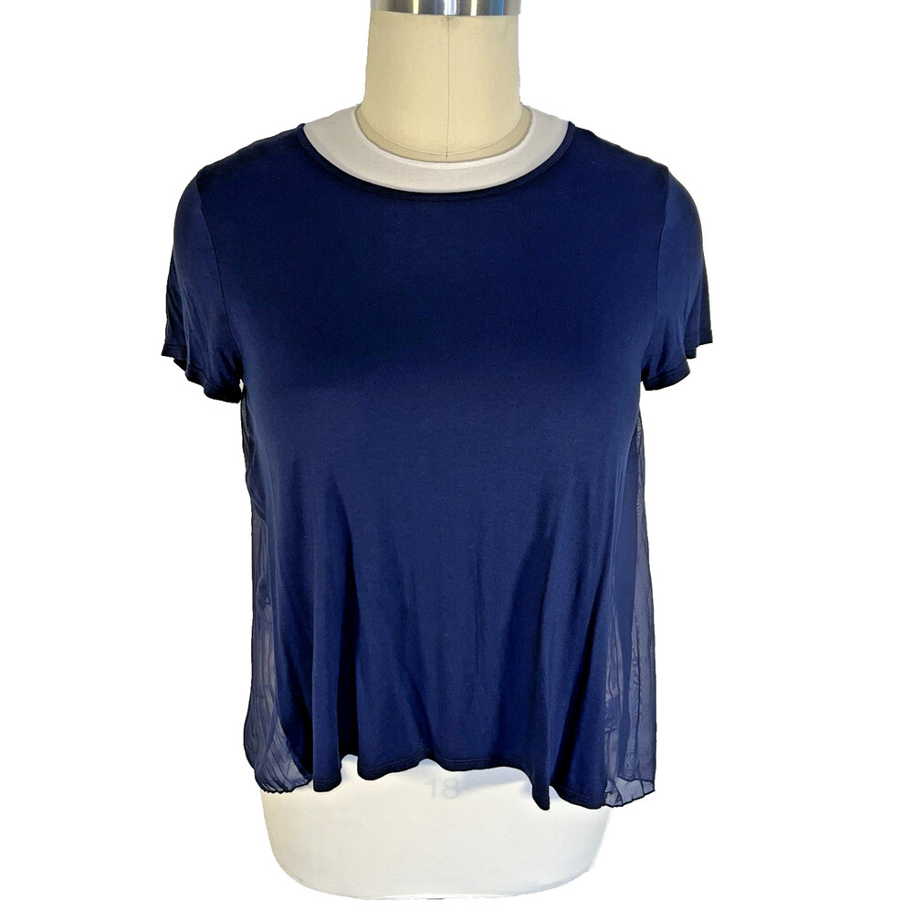 GAP - Women's XL Blouse Navy Blue Pleated Chiffon Back Short Sleeve Stretch